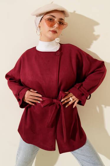 Tek Düğmeli Kuşaklı Süet Ceket Bordo - Ceket