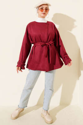 Tek Düğmeli Kuşaklı Süet Ceket Bordo - Ceket