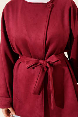 Tek Düğmeli Kuşaklı Süet Ceket Bordo - Ceket