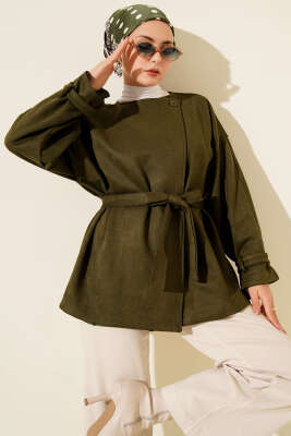 Tek Düğmeli Kuşaklı Süet Ceket Haki - VAV TEKSTİL