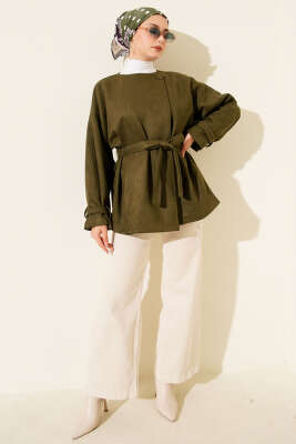 Tek Düğmeli Kuşaklı Süet Ceket Haki - Ceket