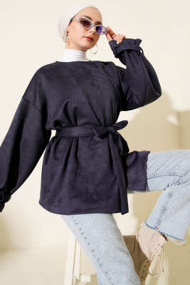 Tek Düğmeli Kuşaklı Süet Ceket Lacivert - VAV TEKSTİL