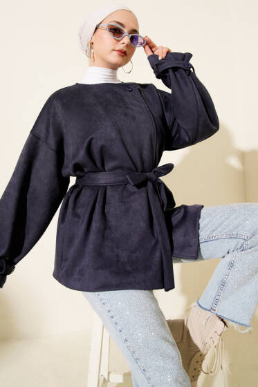 Tek Düğmeli Kuşaklı Süet Ceket Lacivert - Ceket