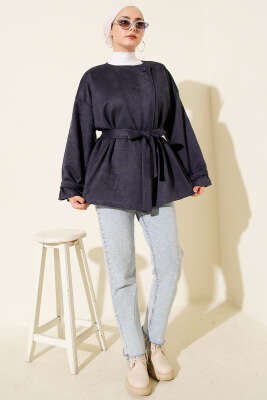 Tek Düğmeli Kuşaklı Süet Ceket Lacivert - Ceket