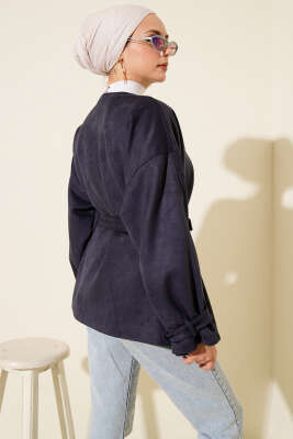 Tek Düğmeli Kuşaklı Süet Ceket Lacivert - Ceket