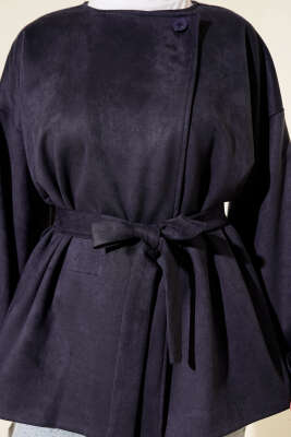 Tek Düğmeli Kuşaklı Süet Ceket Lacivert - Ceket