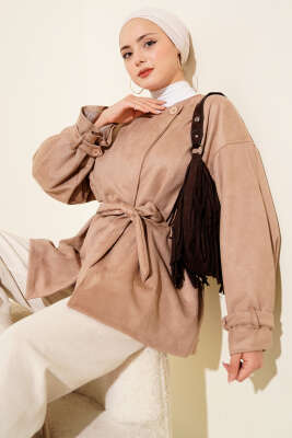 Tek Düğmeli Kuşaklı Süet Ceket Latte - VAV TEKSTİL