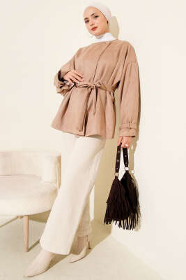 Tek Düğmeli Kuşaklı Süet Ceket Latte - Ceket