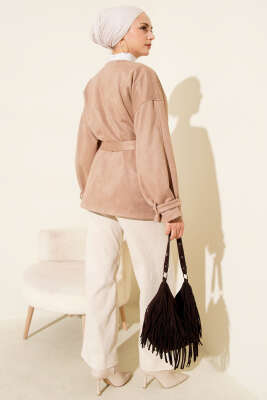 Tek Düğmeli Kuşaklı Süet Ceket Latte - Ceket