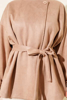 Tek Düğmeli Kuşaklı Süet Ceket Latte - Ceket