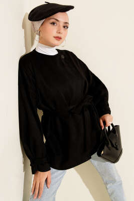 Tek Düğmeli Kuşaklı Süet Ceket Siyah - VAV TEKSTİL