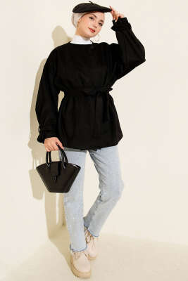 Tek Düğmeli Kuşaklı Süet Ceket Siyah - Ceket