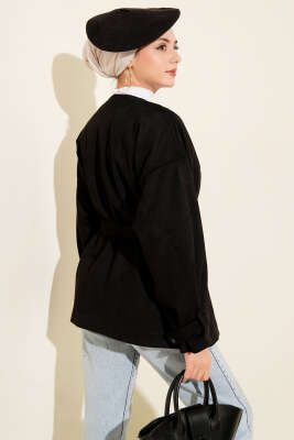 Tek Düğmeli Kuşaklı Süet Ceket Siyah - Ceket