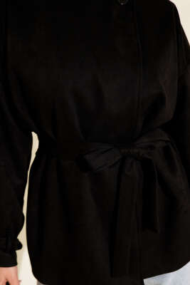 Tek Düğmeli Kuşaklı Süet Ceket Siyah - Ceket