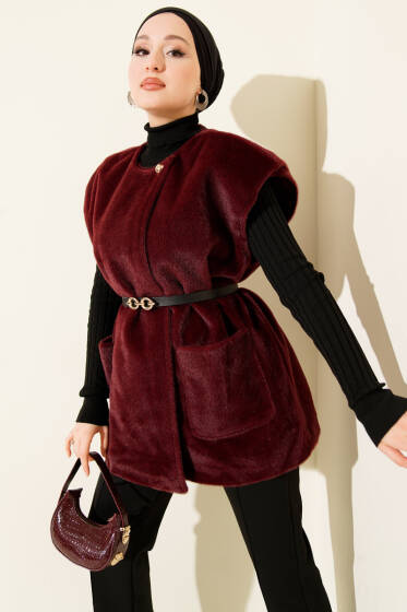 Tek Düğmeli Sakallı Yelek Bordo - Yelek