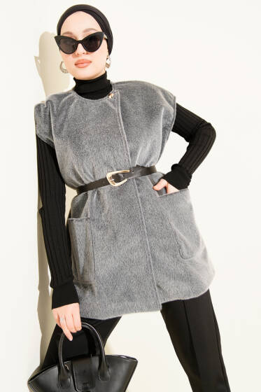 Tek Düğmeli Sakallı Yelek Füme - Yelek