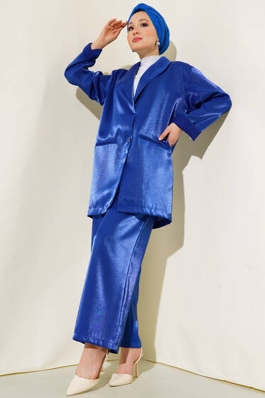 Tek Düğmeli Saten Takım Saks - İkili Takım