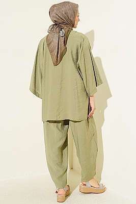 Tek Düğmeli Tensel Kimono İkili Takım Çağla Yeşili - İkili Takım