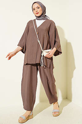 Tek Düğmeli Tensel Kimono İkili Takım Kahve - WENNA DESIGN