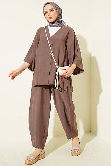 Tek Düğmeli Tensel Kimono İkili Takım Kahve - İkili Takım