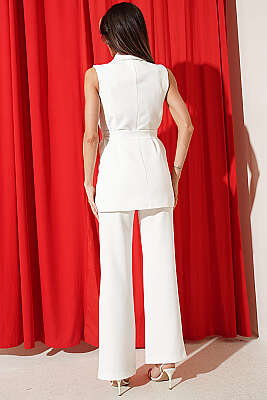 Tek Düğmeli Uzun Yelekli İkili Takım Beyaz - Kadın Giyim Modelleri