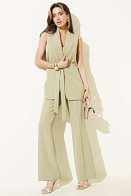 Tek Düğmeli Uzun Yelekli İkili Takım Haki 