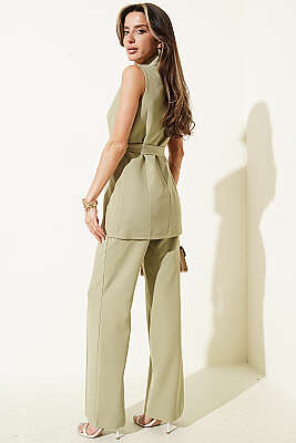 Tek Düğmeli Uzun Yelekli İkili Takım Haki - Kadın Giyim Modelleri