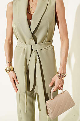 Tek Düğmeli Uzun Yelekli İkili Takım Haki - Kadın Giyim Modelleri