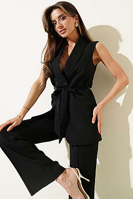 Tek Düğmeli Uzun Yelekli İkili Takım Siyah 