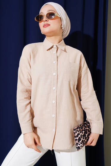 Tek Göğüs Cepli Basic Gömlek Bej - Gömlek
