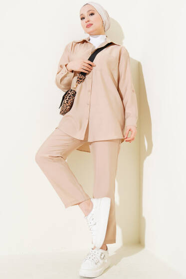 Tek Göğüs Cepli Gömlek İkili Takım Bej - İkili Takım