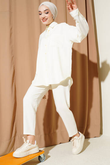 Tek Göğüs Cepli Gömlekli İkili Takım Ekru - İkili Takım