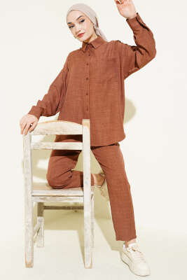Tek Göğüs Cepli Gömlekli İkili Takım Kahve - FİXAY