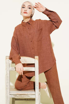 Tek Göğüs Cepli Gömlekli İkili Takım Kahve - İkili Takım