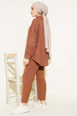 Tek Göğüs Cepli Gömlekli İkili Takım Kahve - İkili Takım