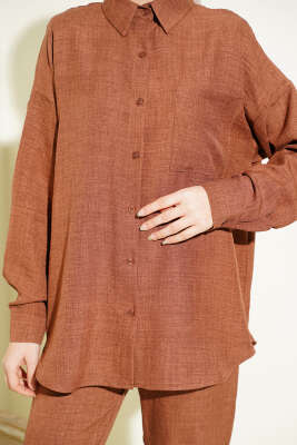 Tek Göğüs Cepli Gömlekli İkili Takım Kahve - İkili Takım