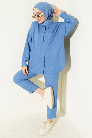 Tek Göğüs Cepli Gömlekli İkili Takım Mavi - İkili Takım