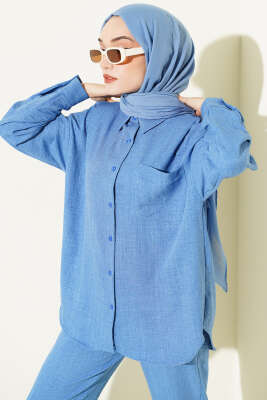 Tek Göğüs Cepli Gömlekli İkili Takım Mavi - İkili Takım