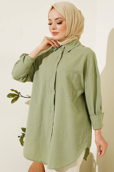 Tek Göğüs Cepli Keten Gömlek Çağla Yeşili - Gömlek