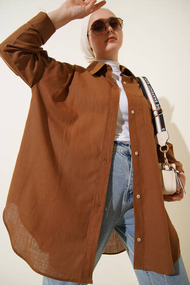 Tek Göğüs Cepli Keten Gömlek Kahve - Gömlek