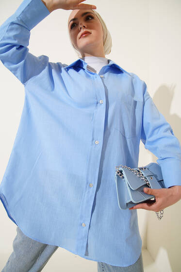 Tek Göğüs Cepli Keten Gömlek Mavi - Gömlek