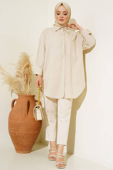 Tek Göğüs Cepli Keten Gömlek Taş - Gömlek