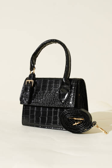 Tek Kemer Detaylı Rugan Çanta Siyah Kroko - Kol Çantası