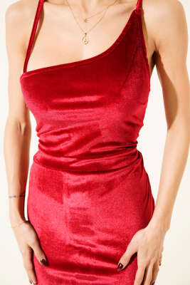 Tek Kol Askılı Kadife Elbise Bordo - Kadın Giyim Modelleri