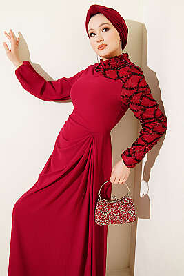 Tek Kol Pul Payet Detaylı Abiye Elbise Bordo - CNR TEKSTİL