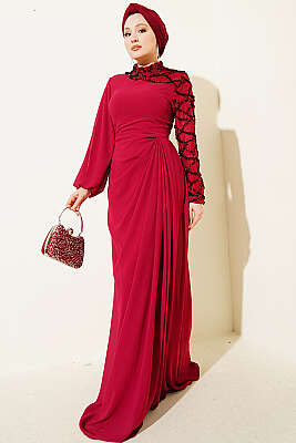 Tek Kol Pul Payet Detaylı Abiye Elbise Bordo - Elbise