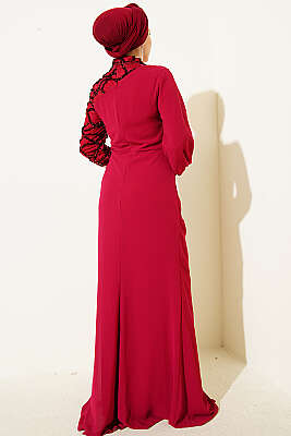 Tek Kol Pul Payet Detaylı Abiye Elbise Bordo - Elbise