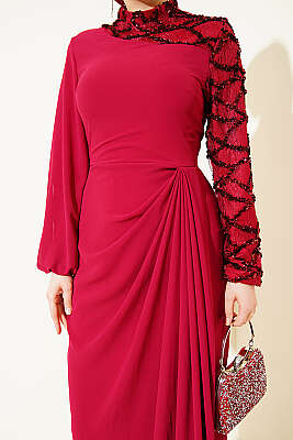 Tek Kol Pul Payet Detaylı Abiye Elbise Bordo - Elbise