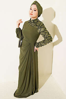 Tek Kol Pul Payet Detaylı Abiye Elbise Haki - CNR TEKSTİL