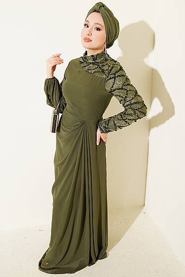 Tek Kol Pul Payet Detaylı Abiye Elbise Haki - Elbise